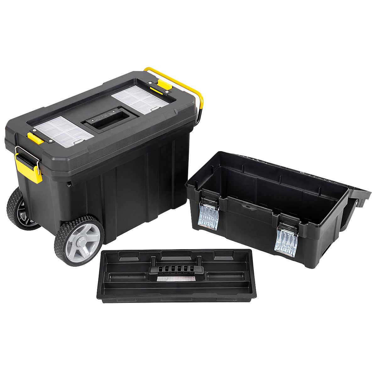 IRONMAX Portable Rolling Tool Box, 2 in 1 Stackable Mechanic Tool Organizer with Wheels and Pull Handle, Plastic Toolbox with Removable Tray for Tools and and Small Parts Storage