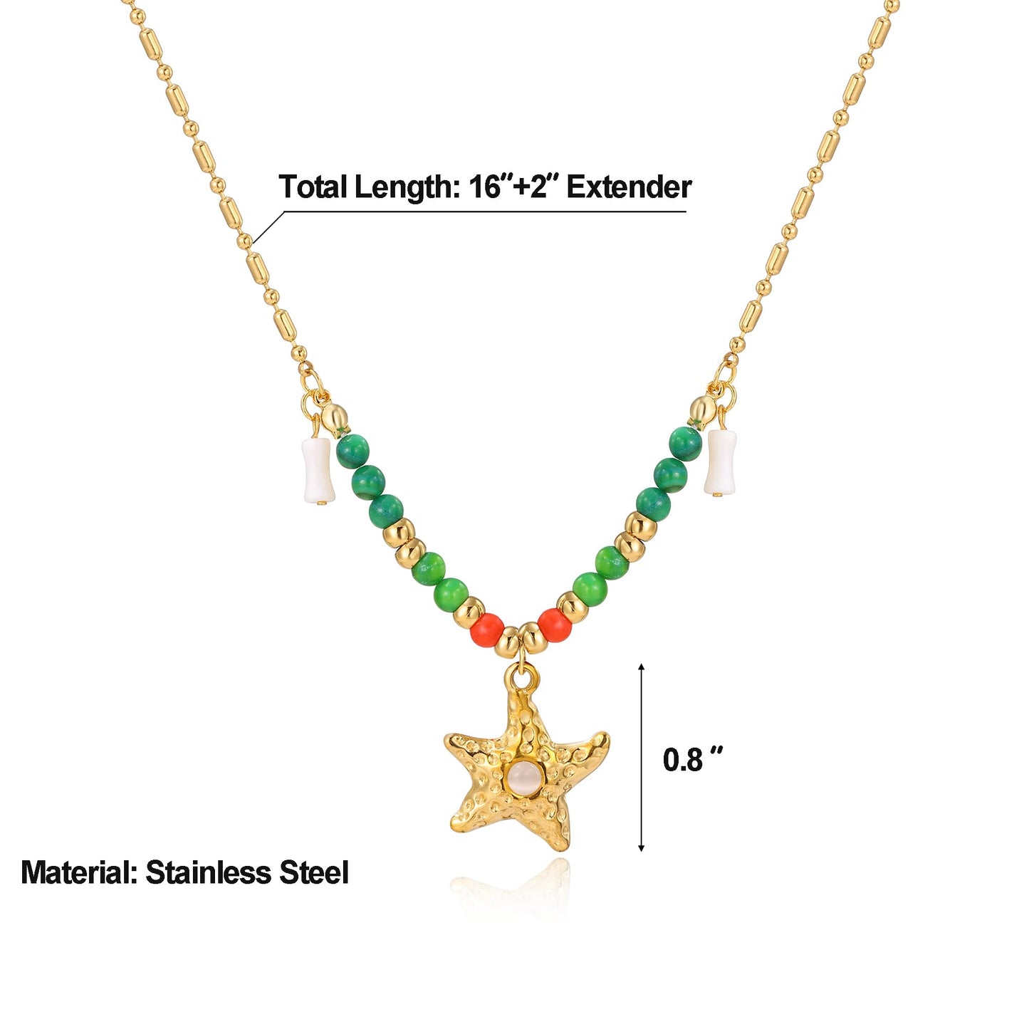 WASAIE Unique Starfish Green Red Bead Charm Necklace for Women, Adjustable Gold Plated Stainless Steel, Beach Surf Vacation Summer Travel Jewelry Colorful Choker