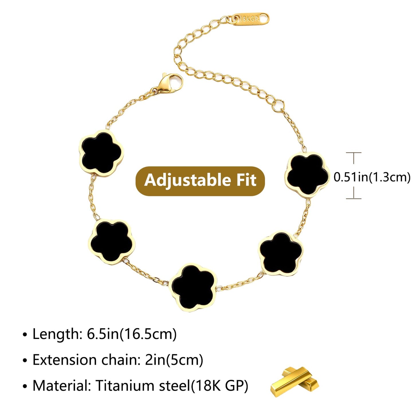 Eclatienne Four Leaf Clover Bracelet for Women – 18K Gold Plated Stainless Steel Lucky Bracelet, Adjustable 4 Leaf Charm Jewelry Gift (Black Floral)