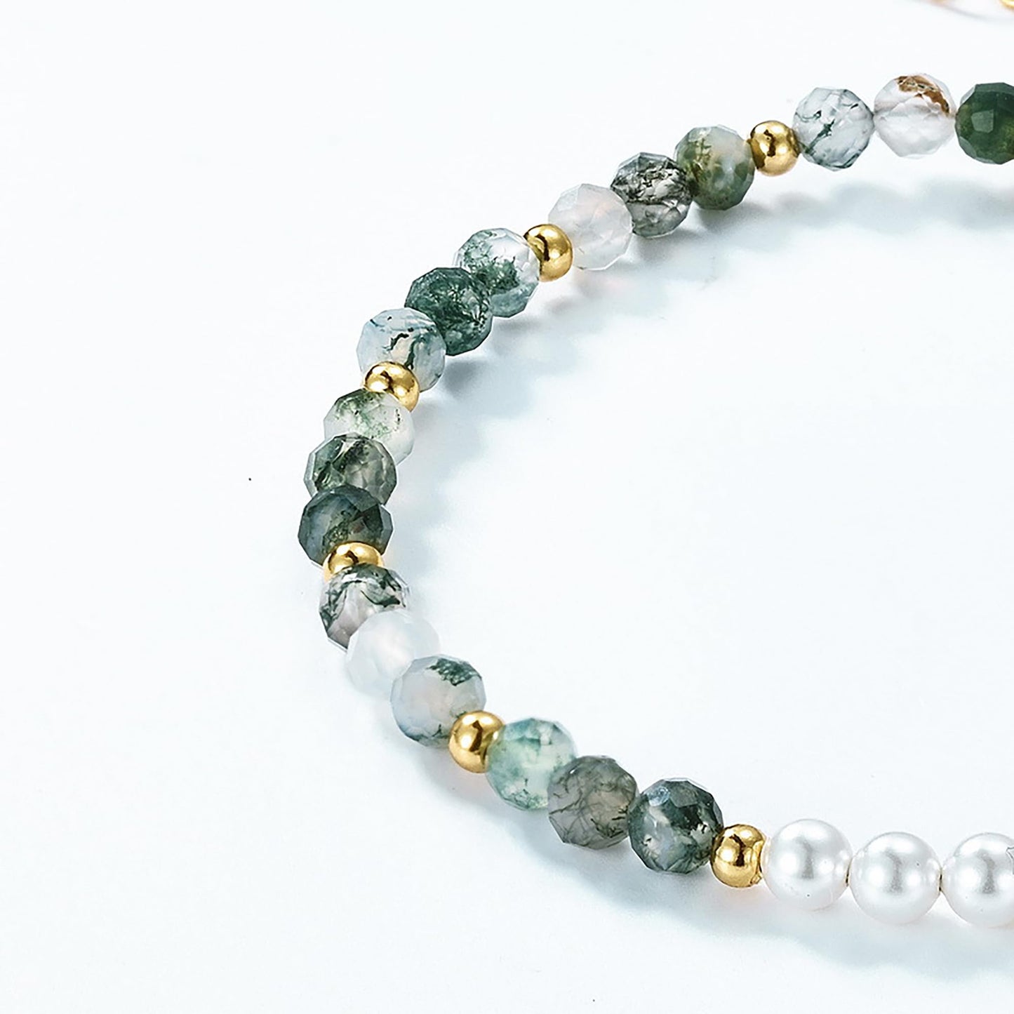 IPEPPY 925 Sterling Silver Pearl Bracelets for Women Gold Natural Moss Agate Green Gemstone Bead Crystal Healing Bracelet Yoga Meditation Chakra Emerald Stone Bracelet Jewelry Gifts for Mom (Gold)