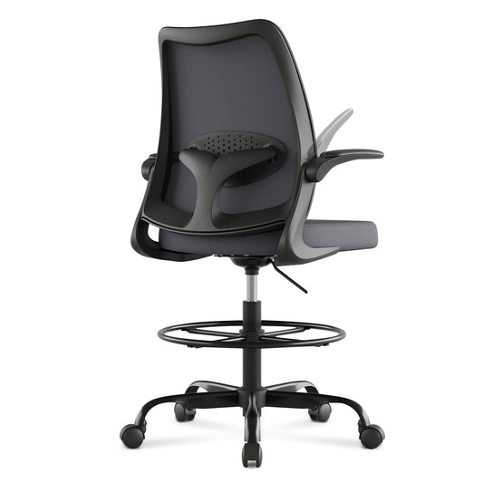BERYTH Tall Office Chair for Standing Desks,High Desk Drafting Chair with Adjustable Footrest Ring,Ergonomic Lumbar Support,Flip-Up Armrests for Home Office,Grey