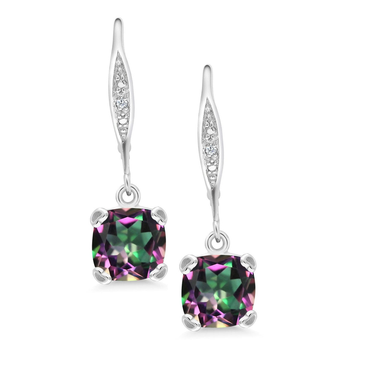 Gem Stone King Drop Dangle Earrings For Women | 7MM Cushion Cut Gemstone Birthstone and Diamond | 925 Sterling Silver | Jewelry Gift for Mom Wife Her | Green Mystic Topaz | Sterling Silver