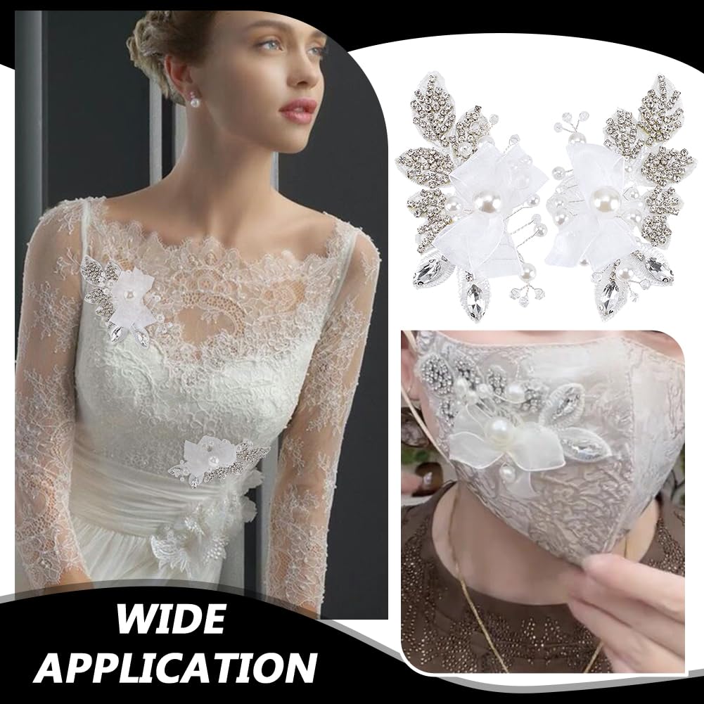 FINGERINSPIRE 1 Pair 4.4x2.5x0.5inch White Pearl Beaded Applique Rhinestone Flower Patch DIY Crafts Wedding Dress Embellishment for Bridal Hair Comb Decoration White Floral Sew On Decoration