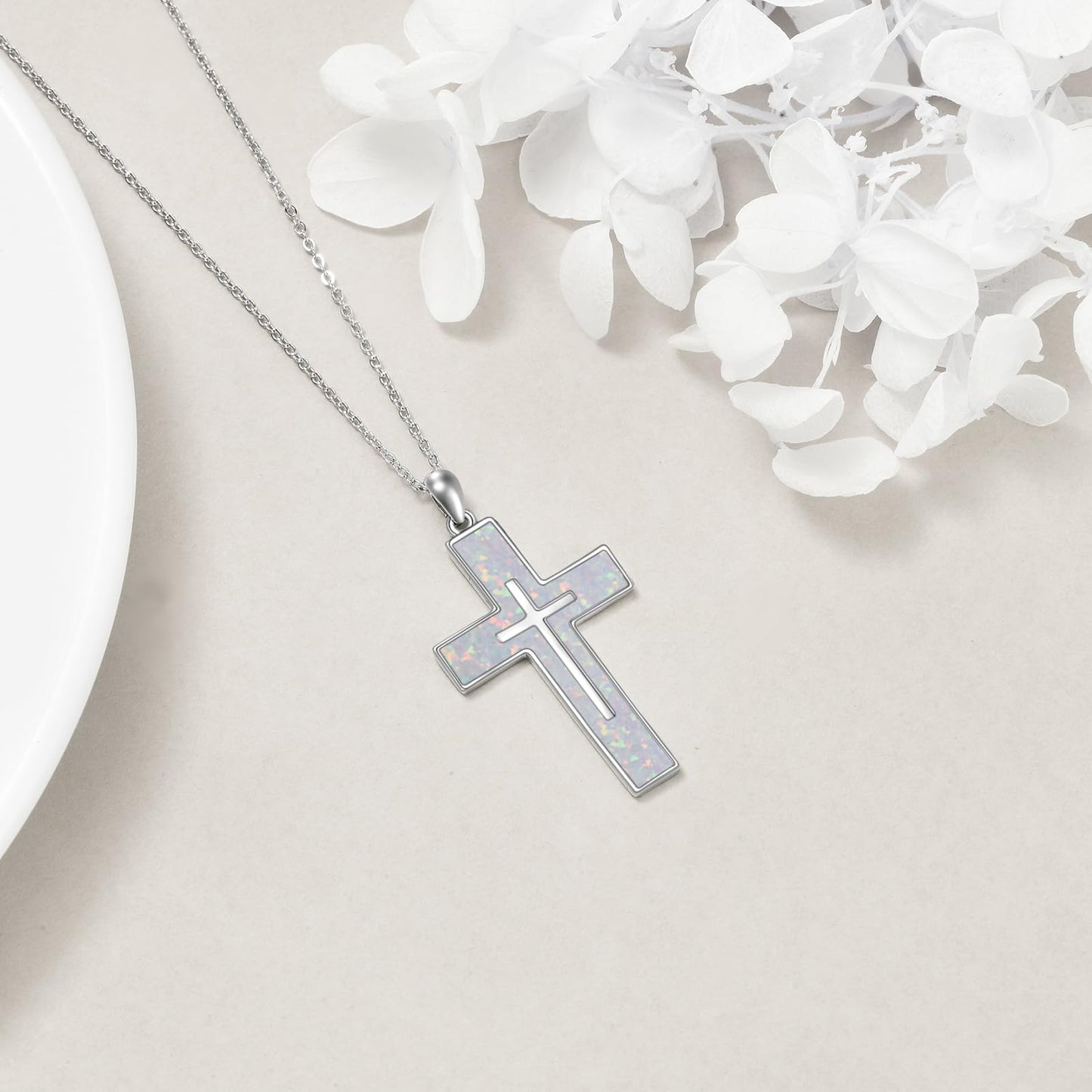 YFN White Opal Cross Necklace Sterling Silver Cross Pendant Jewelry Gifts for Women Men