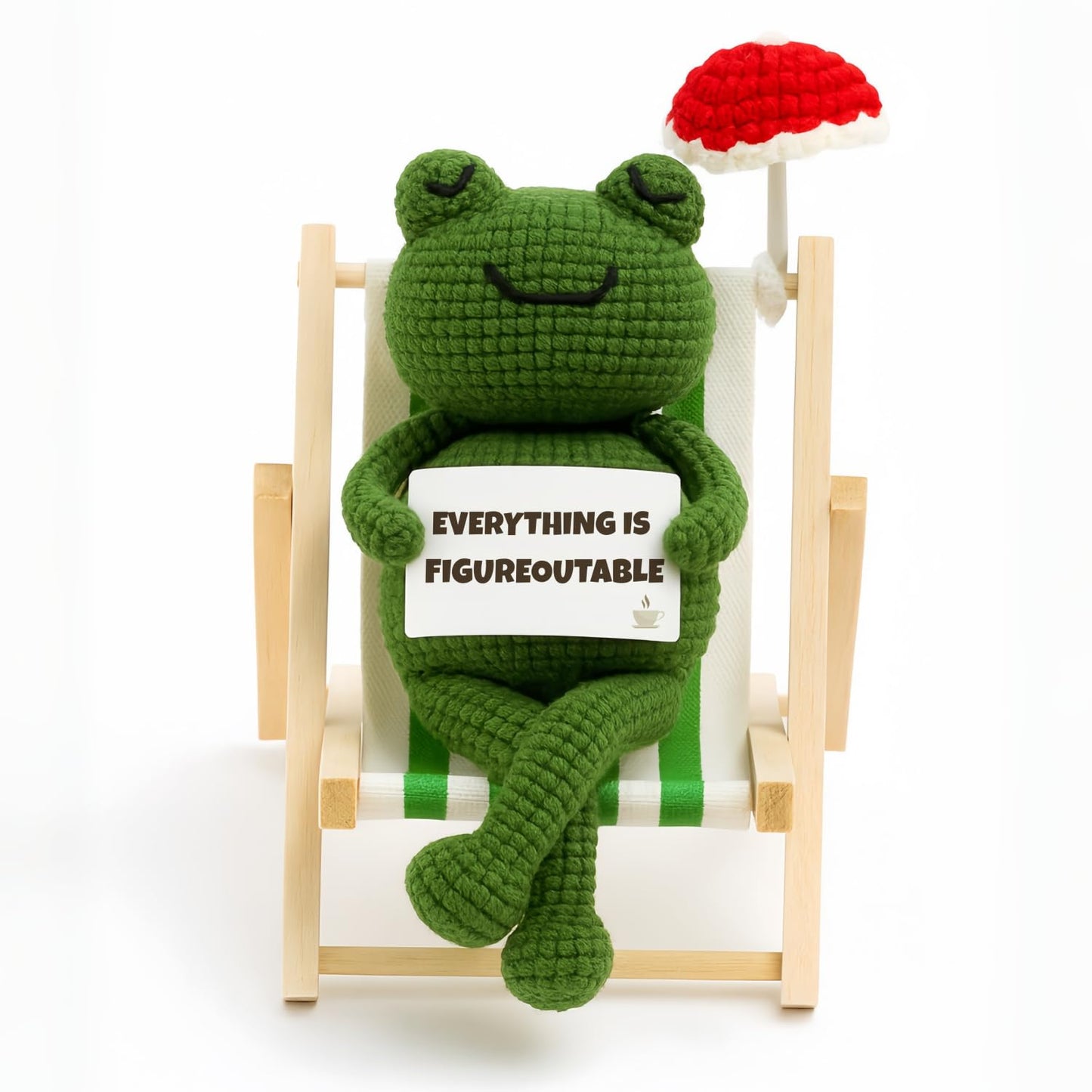 LUDEONA Inspirational Frog Desk Decor - Everything is Figureoutable Emotional Support Frog, Funny Coworker Gift for Women Men, Crochet Frog Plush with Mini Chair & Umbrella, Office Relaxation Gift