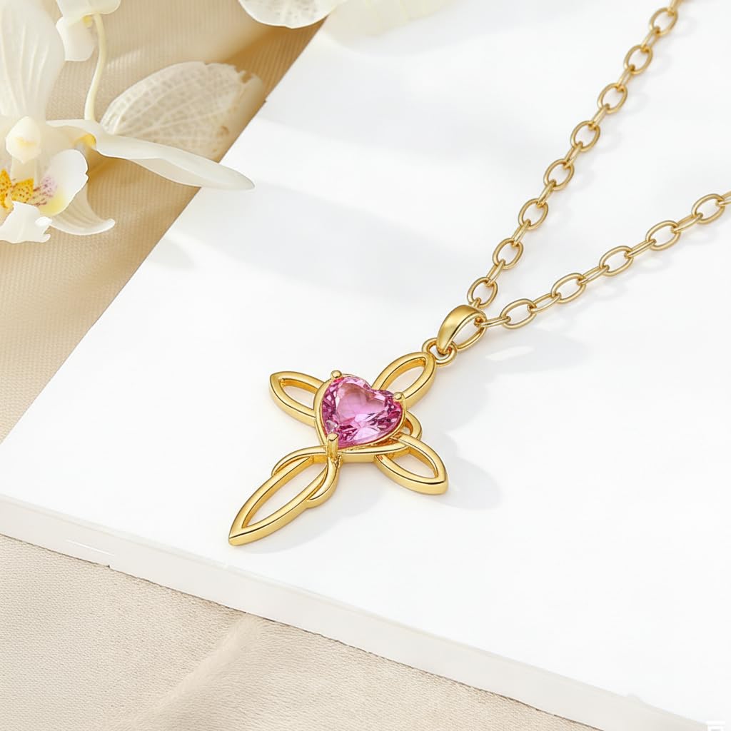 POIUY Celtic Knot Cross Birthstone Necklace for Women Irish Infinity Heart Pendant Cross Jewelry Baptism Faith Anniversary Valentines Birthday Mothers Day Gifts for Mom Wife Her
