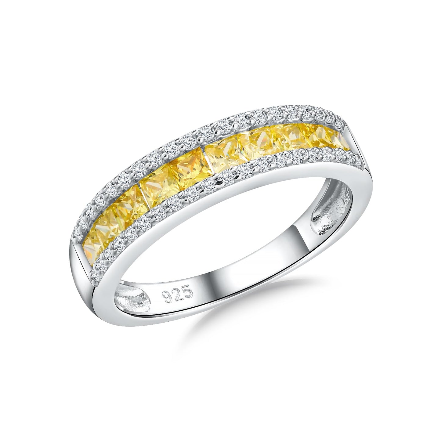 RANDES Citrine Ring 925 Sterling Silver Band Rings for Women Channel Set Princess Cut Eternity Band November Birthstone Ring Size 10