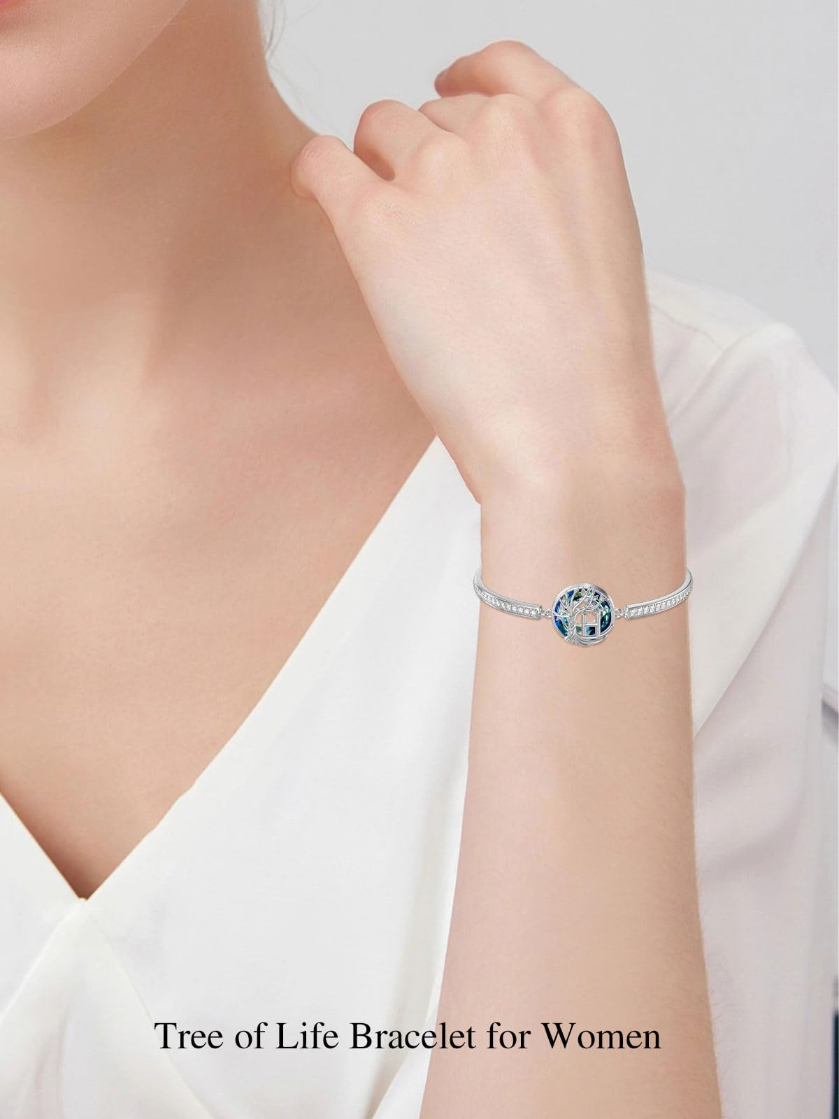 TOUPOP Tree of Life Bracelet Sterling Silver Initial H Letter Bangle Bracelet Family Tree Blue Crystal Jewelry Mothers Day Birthday Gifts for Women Mom Wife