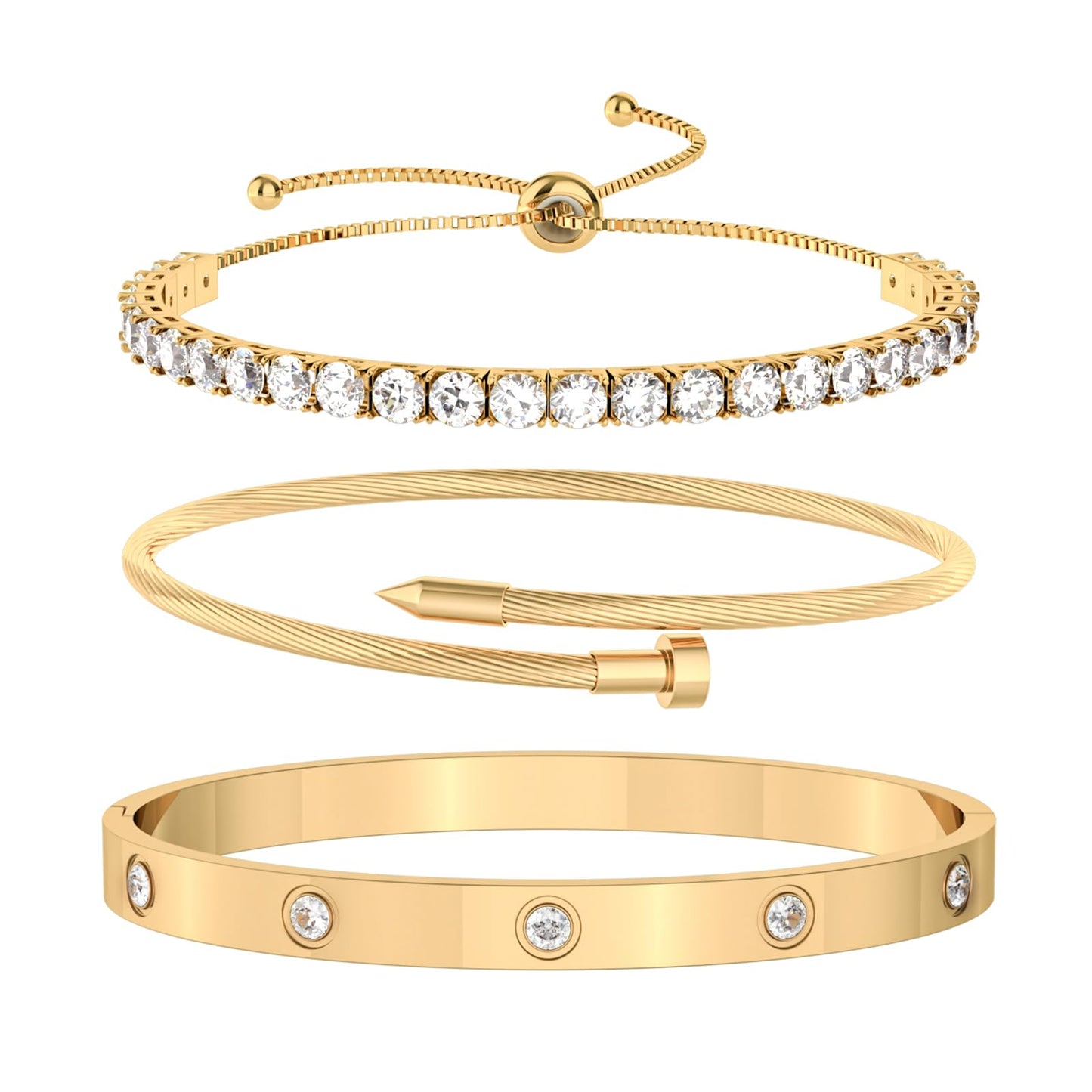 PCY Gold Bracelets For Women,3PC Bangle Gold Plated Bracelets For Women,Trendy Statement Cuff Stackable Bangles Set,Fashion Jewelry for Women.(Medium, Lucky Diamond)