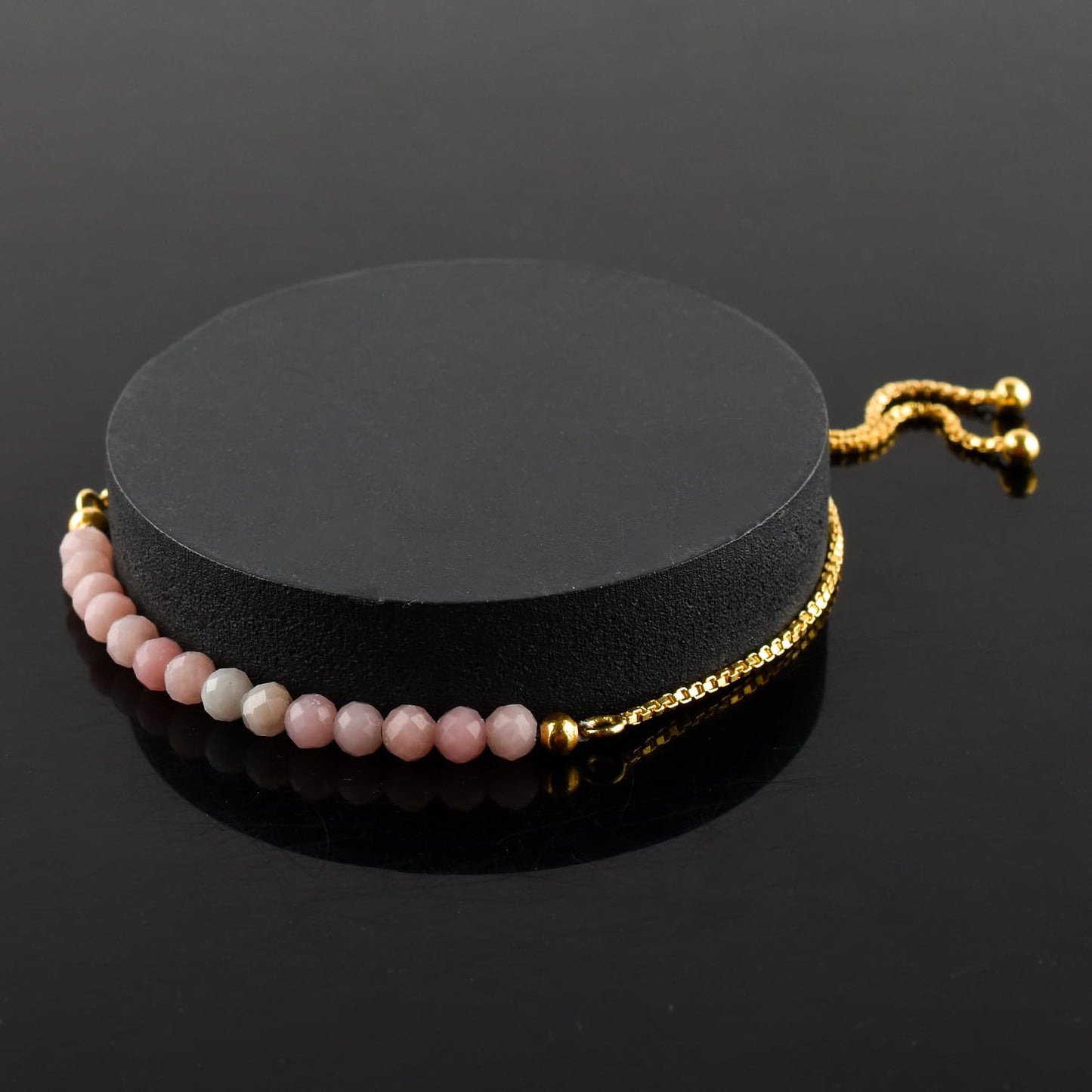 InfinityGemsArt Pink Opal Bracelets For Women, October Birthstone Jewelry, Dainty Pink Beaded Stone Bolo Slider Crystals Gemstones Bracelet, 14K Gold Plated Adjustable Chain, Valentines Day Gifts For Her