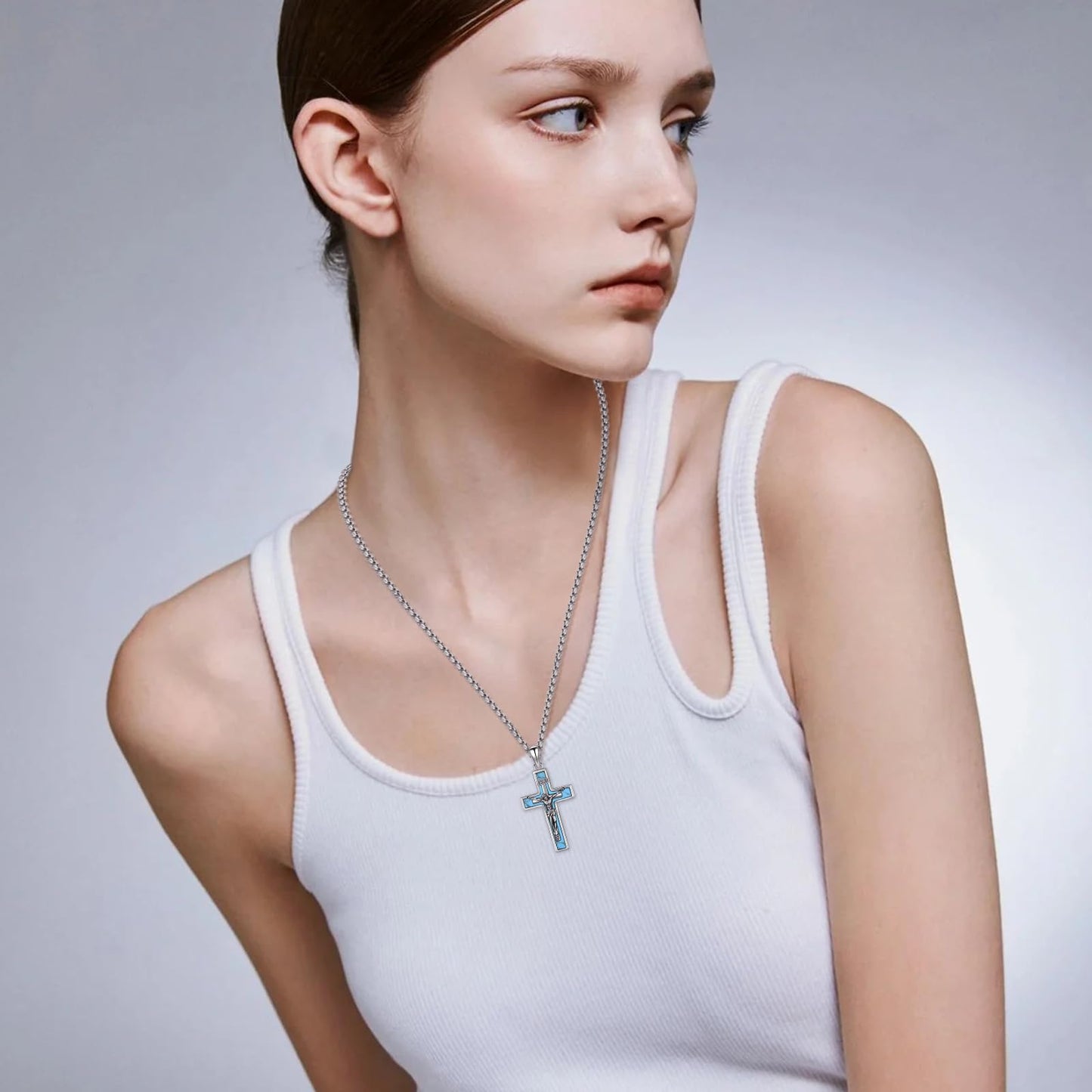 YEESIA Cross Necklace for Women Men 925 Sterling Silver Jesus Crucifix Pendant Necklace with Turquoise Cross Jewelry Gift for Women Men