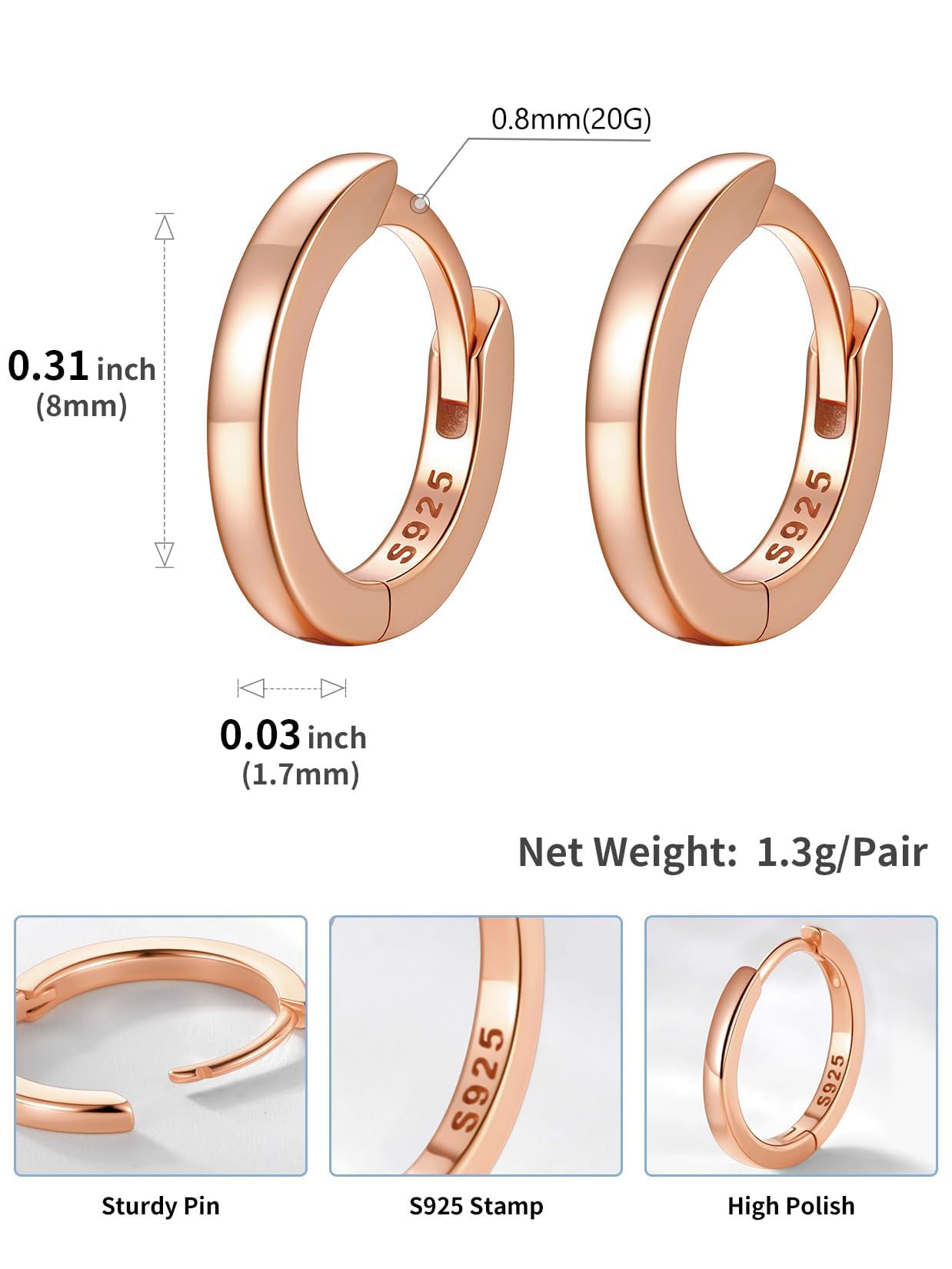 SILVERCUTE 925 Sterling Silver Huggie Hoop Earrings for Women,Hypoallergenic Rose Gold Small Hoop Earring Cartilage Earring Lightweight Huggies Earrings for Women,8/10/12mm