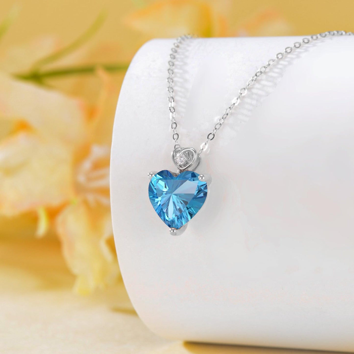 NFYBD 14k White Gold Love Heart Blue Topaz Birthstone Pendant Necklace for Women 3 Carat Heart-cut Created Gemstone Anniversary Birthday Mother's Day Necklaces for Her-topaz