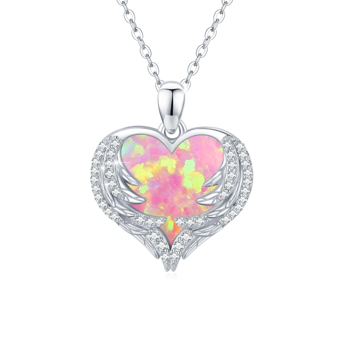 CUOKA MIRACLE Angel Wing Necklace Pink Opal Heart 925 Sterling Silver Pendant for Women Guardian Angel Wings Pendant Necklace Dainty Opal Jewelry for Women Mom Birthday Gifts