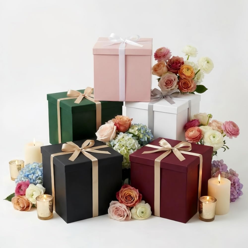 UoeRing Matte Black Large Gift Box 1Pcs 12x12x11 Inch,Gift Box with Lid for Presents Birthdays,Christmas Valentine's Day,Mother's Day, with Ribbon Card Envelope Shredded Paper Fill