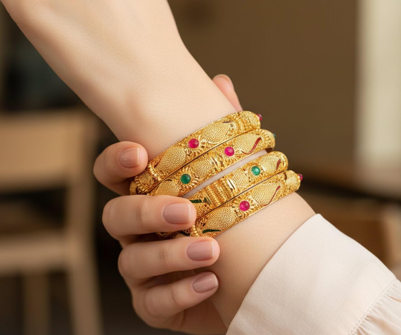 Touchstone "Golden Bangle Collection Indian Bollywood Desire Beautifully Carved Conch Shell Inspired Faux Ruby Emerald Thick Designer Jewelry Bangle Bracelets. Set of 4. in Gold Tone for Women.