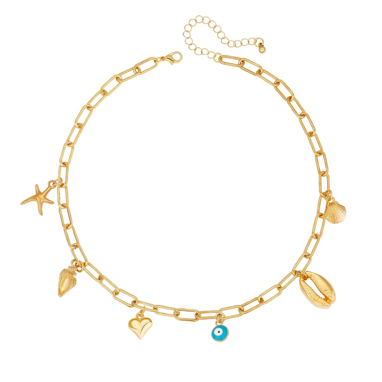 MISS RIGHT Charm Necklace for Women, Dainty Gold Evil Eye Ojo Heart Starfish Seashell Shell Charms Pendant Necklace Paperclip Chain Summer Beach Choker Necklace Jewelry Gifts