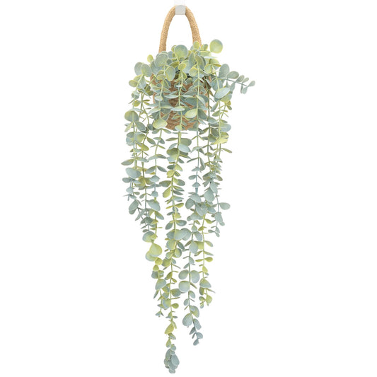 HOFMEFY Fake Hanging Plant Decor Indoor, Eucalyptus Artificial Faux Plants in Wall Woven Planters, Jute Hanger with Black Pot Soft Green 1PCS 23Inch Long