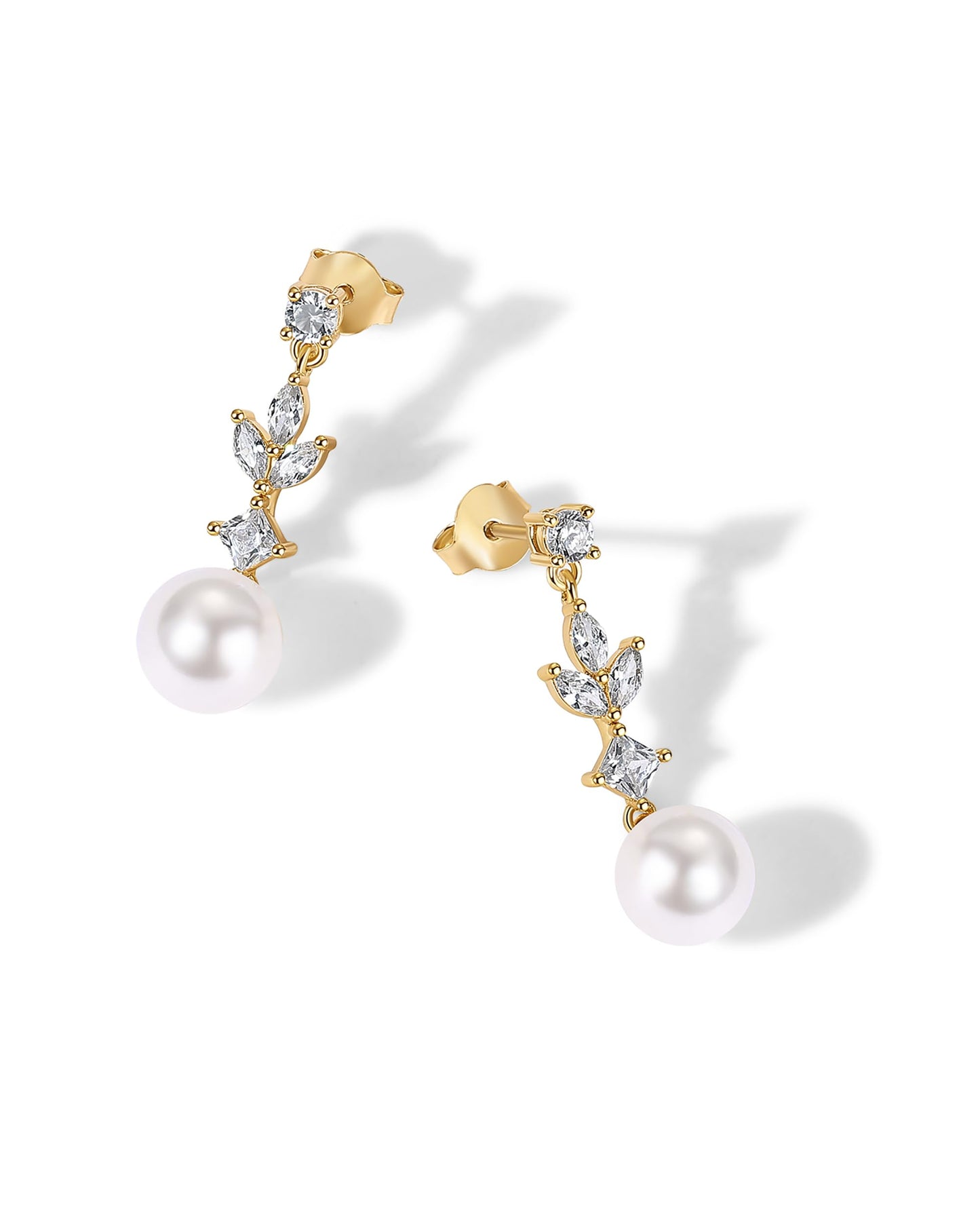 PAVOI 14K Yellow Gold Plated Pearl Drop Earrings for Women - 925 Sterling Silver Posts Large Dangle Pearl Wedding Earrings for Brides & Bridesmaids - Cubic Zirconia Crystal Linear Bridal Jewelry Gifts