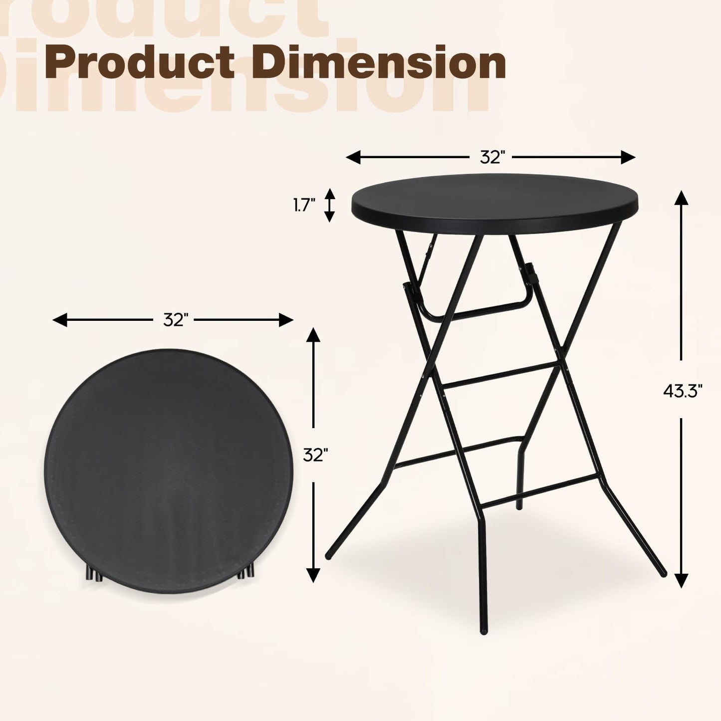 GlowitLian 32" Round Folding Table, Portable Bar Height Folding Table with Detachable Legs, Round Foldable Table with HDPE Top for Standing Parties, Balcony, Event, Indoor Outdoor Use (Black, 1 Pack)