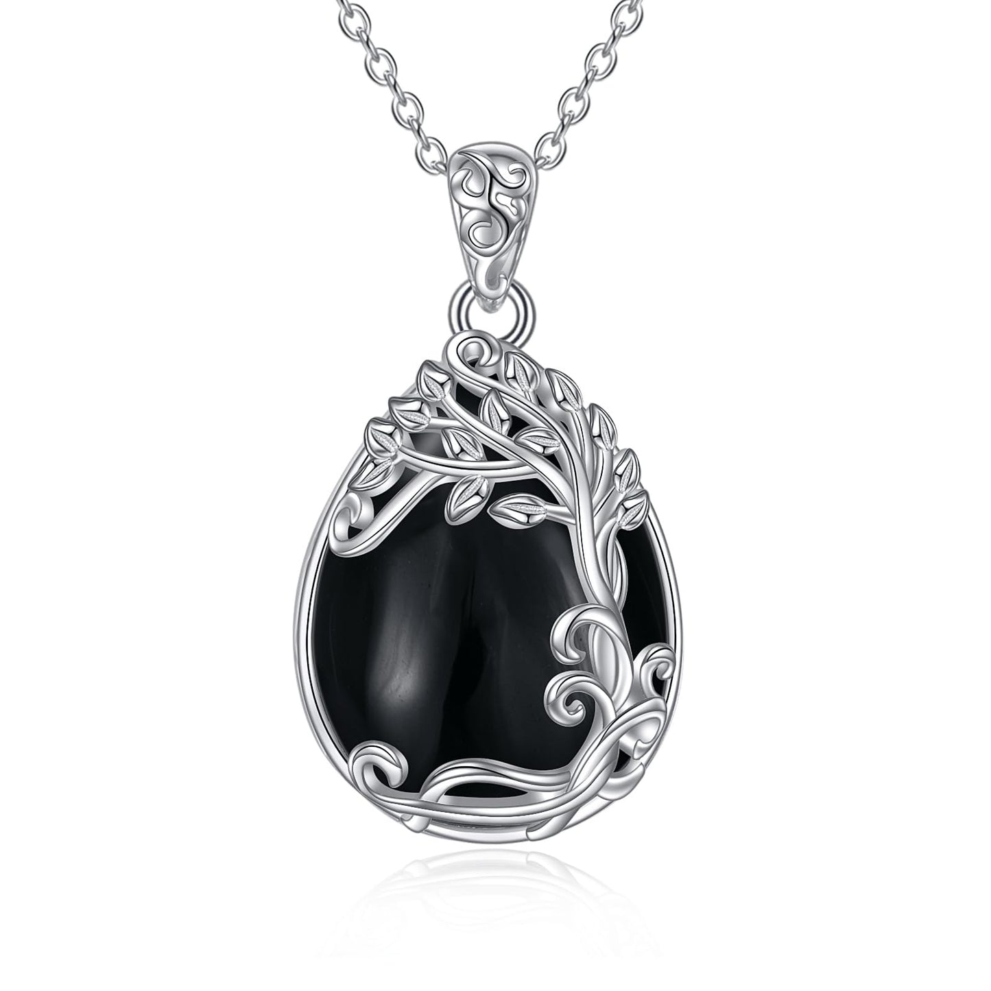 YAFEINI 925 Sterling Silver Black Onyx Necklace Jewelry Tree of Life Teardrop Pendant Black Onyx Gift for Women (MM-Tree of Life Black Onyx Necklace)