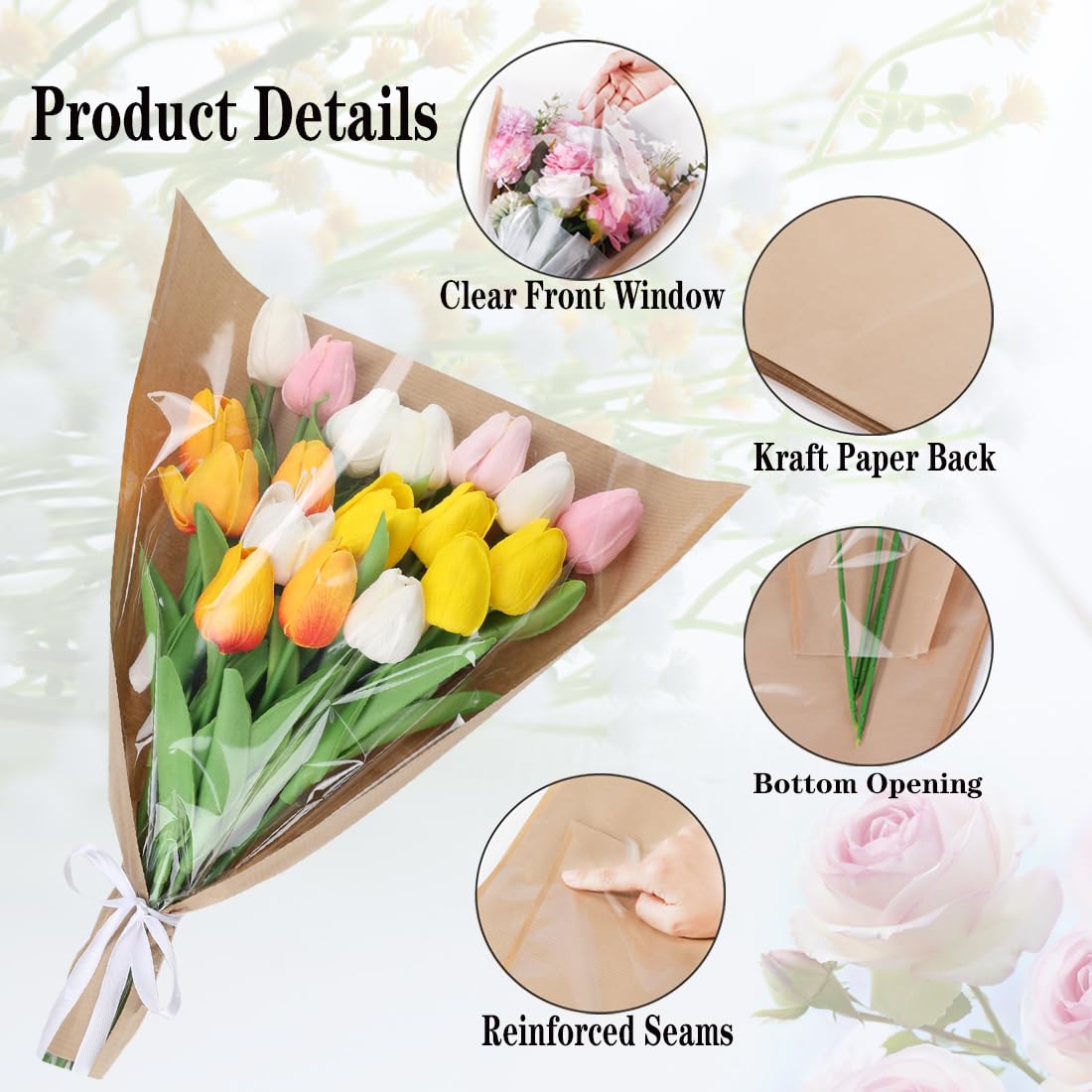 HSONAIGEE 50 Pieces Flower Bouquet Wrapping Paper, 15.8 x 13.8 x 3.9 Inch Flower Bags for Bouquets Kraft Floral Wrap Sleeves with Ribbons for Home Mother’s Day Wedding Flower Bar Supplies