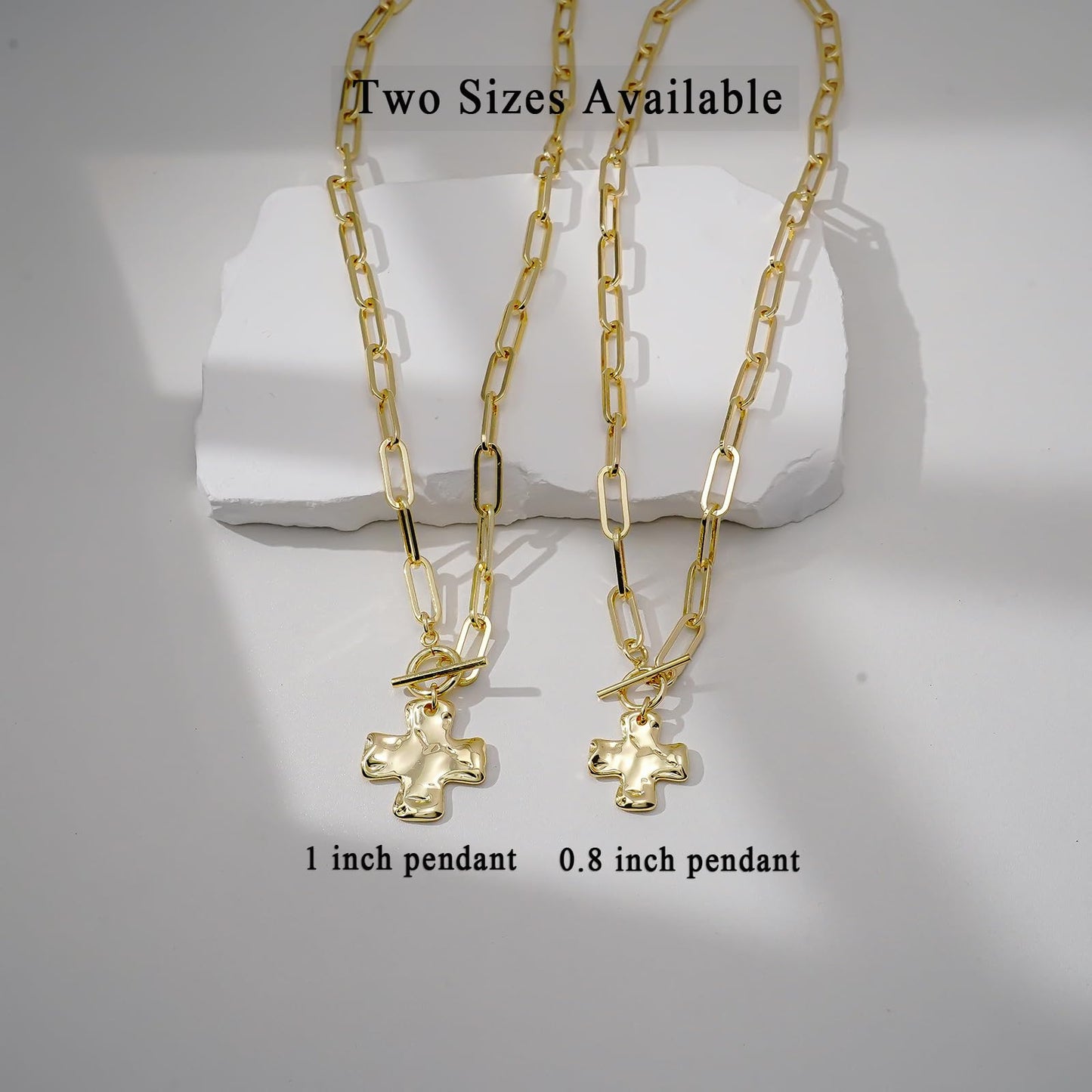 Bheop Chunky Cross Necklace for Women Trendy 14K Real Gold Plated Statement Cross Pendant Charm Necklace Toggle Clasp Long Big Paperclip Faith Chain Costume Jewelry Gift Non Tarnish 2.5CM