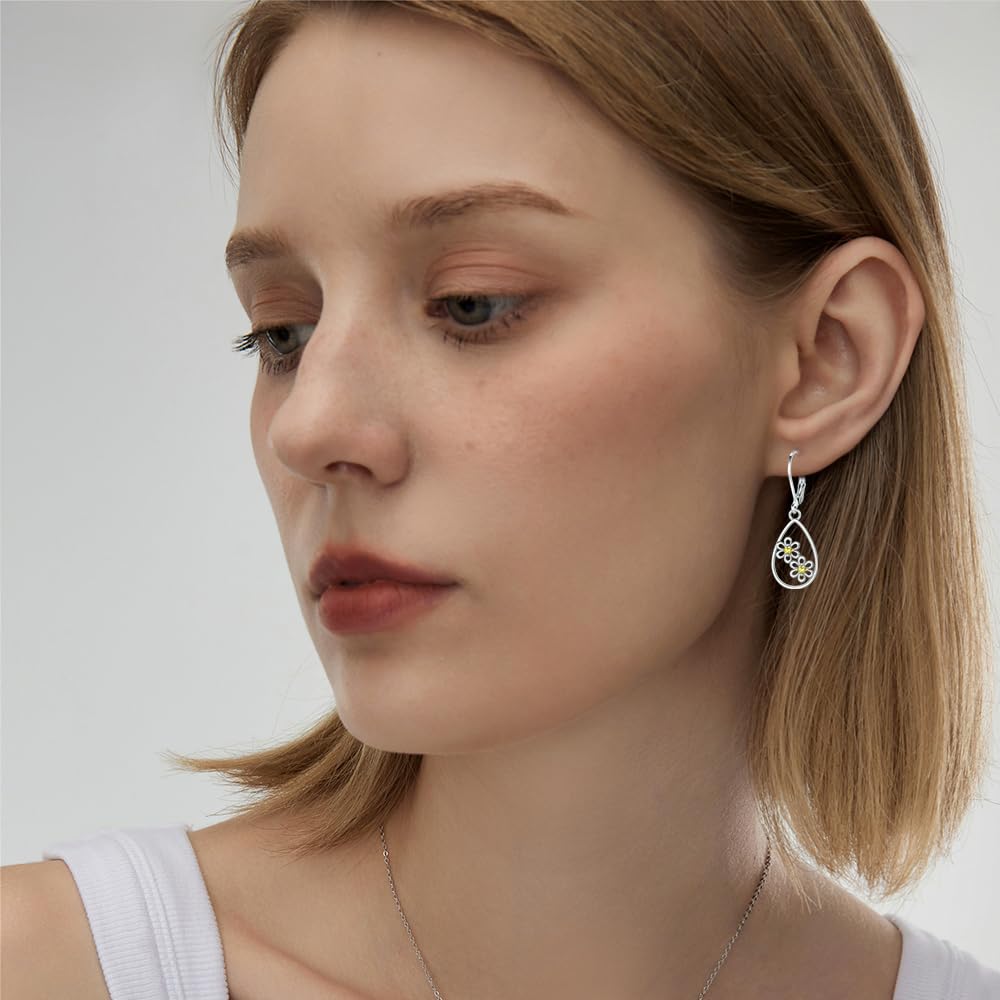 HELORET Daisy Earrings Leverback Earrings Daisy Dangle Earrings Flower Jewelry for Women Birthday Gifts
