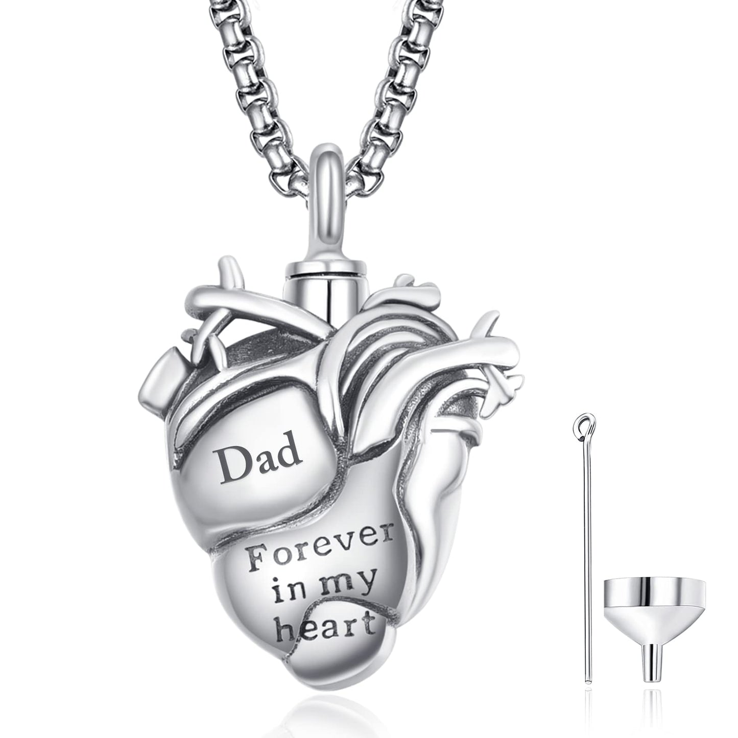 Anatomical Heart Urn Necklaces for Ashes Sterling Silver Ash Pendants Cremation Jewelry Dad Keepsake Pendant Memorial Jewelry Gifts for Loss of Dad