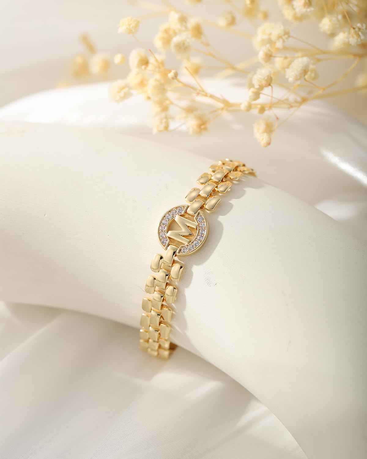 WEDDINEN Initial Bracelet, 14K Gold Plated Letter Bracelet for Women, Thick Bangle Wrist Gold Alphabet Charm Chain, Christmas Jewelry Gifts