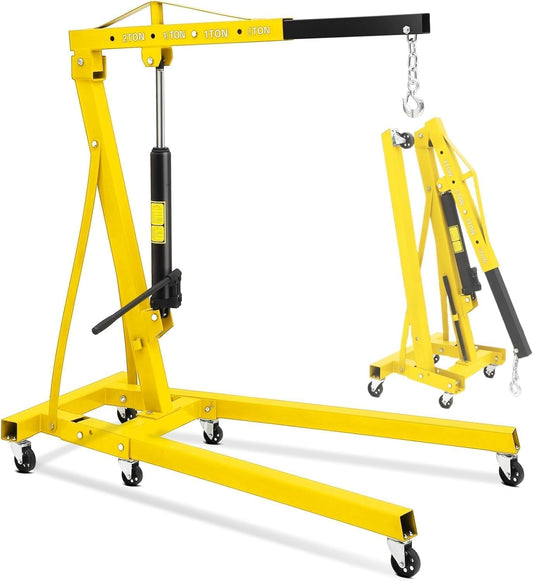 MilleLoom 2 Ton Hydraulic Engine Hoist, Cherry Picker Engine Hoist, 4400LBS Foldable Garage Crane Lifter w/Telescopic Boom & 6 Swivel Casters for Workshop, Warehouse, Auto Repair