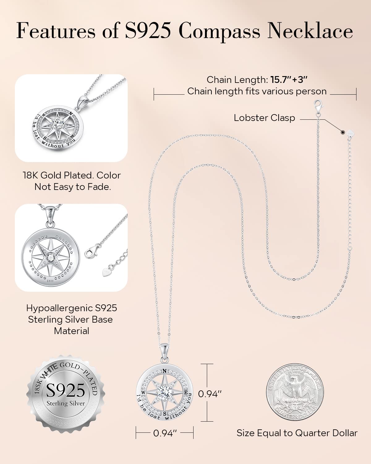S925 Sterling Silver Necklace for Wife, Women Anniversary Year Gifts Compass Jewelry, Birthday Gift Ideas for Her Girlfriend Woman Necklaces, 18K White Gold April