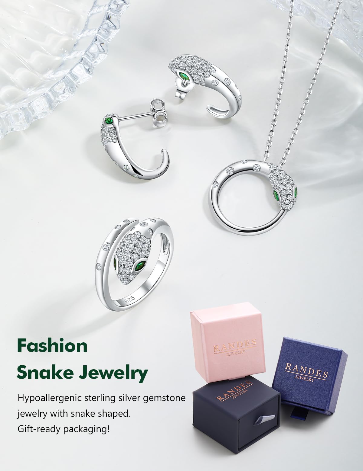 RANDES 925 Sterling Silver Snake Rings for Women Adjustable Gothic Rings Punk Jewelry 1 Carat Lab Diamond and Emerald Open Cocktail Ring Size 10