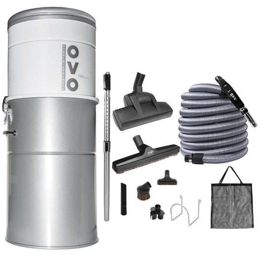 OVO Heavy Duty Powerful Central Vacuum System, Hybrid Filtration (with or Without Disposable Bags) 35L or 9.25Gal, 750 Airwatts with 40ft Deluxe Plus Accessory kit Included
