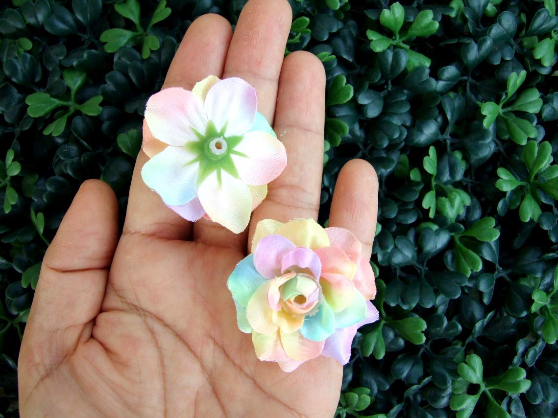 ICRAFY (24) Silk Rainbow Pastel Tones Roses Flower Head - 1.75" - Artificial Flowers Heads Fabric Floral Supplies Wholesale Lot for Wedding Flowers Accessories Make Bridal Hair Clips Headbands Dress