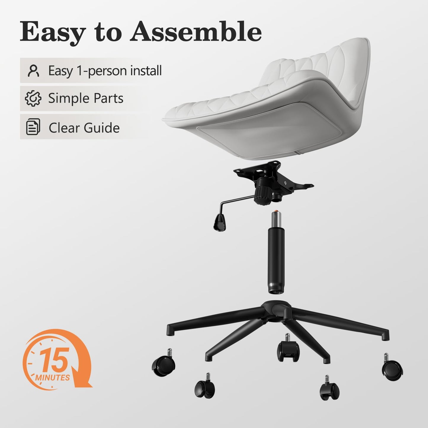 Bananister Armless Office Chair, Desk Chair No Arms, Adjustable Swivel Rolling Task Chair with Wheels, Faux Leather Upholstered, Compact for Small Space Home Office & Bedroom Vanity, White