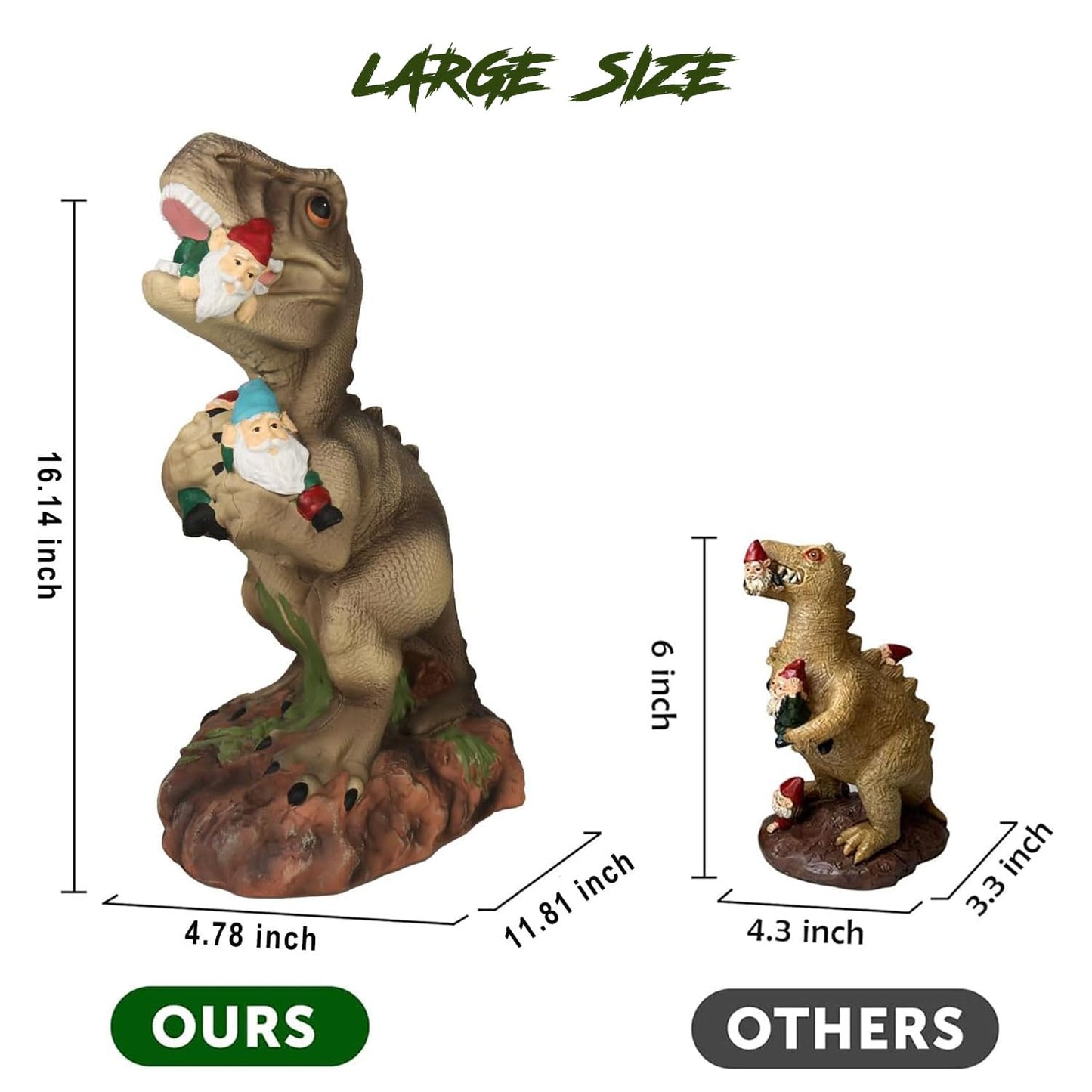 PARTYGEARS Dinosaur Statue with Gnomes, 16“ Large Outdoor Garden Statues Yard Decor, Funny Dinosaur Holding Gnomes Figurines for Patio Lawn, Weatherproof Gnome Decorations for Home, Unique