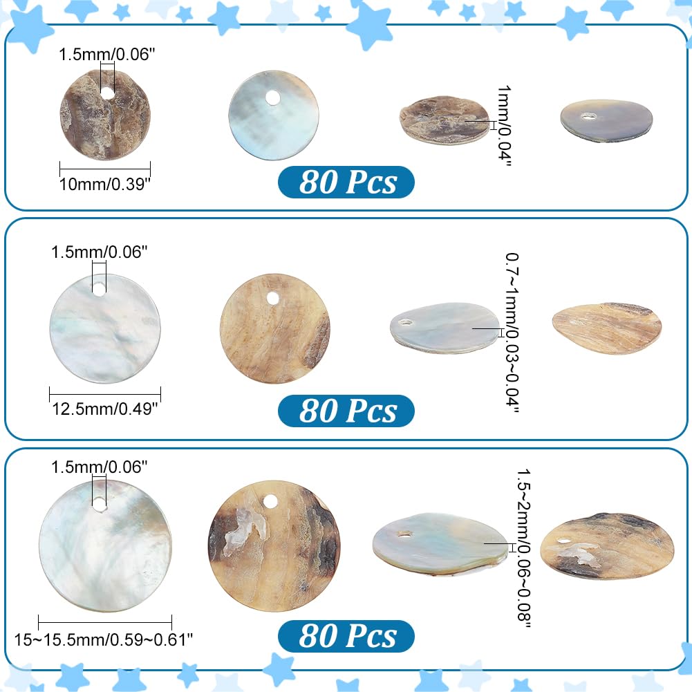 PH PandaHall 240 Pieces 3 Styles 10/12/15mm Natural Shell Beads, Flat Round Mother of Pearl Beads Shell Coin Charms Bead for Craft Making, Home Decoration, Necklace, Bracelet DIY