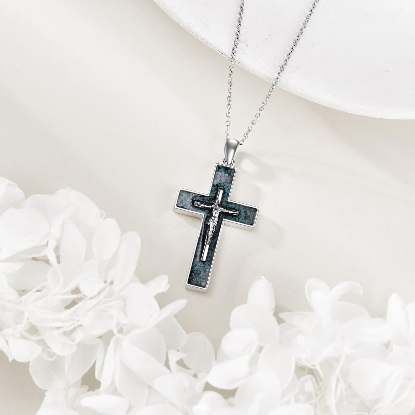 YFN Crucifix Cross Necklace Sterling Silver Jesus Cross Pendant Turquoise Jewelry Christian Gifts for Women Men
