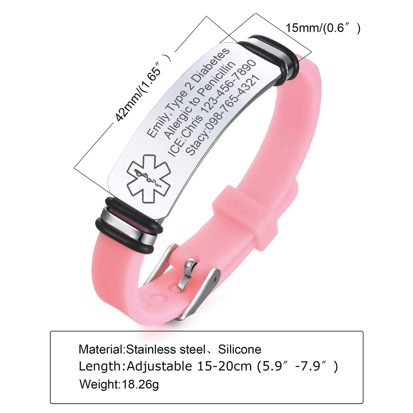 VNOX Pink Medical Alert Bracelets for Men Women with Adjustable Sport Silicone Medical ID Bracelets Wristband