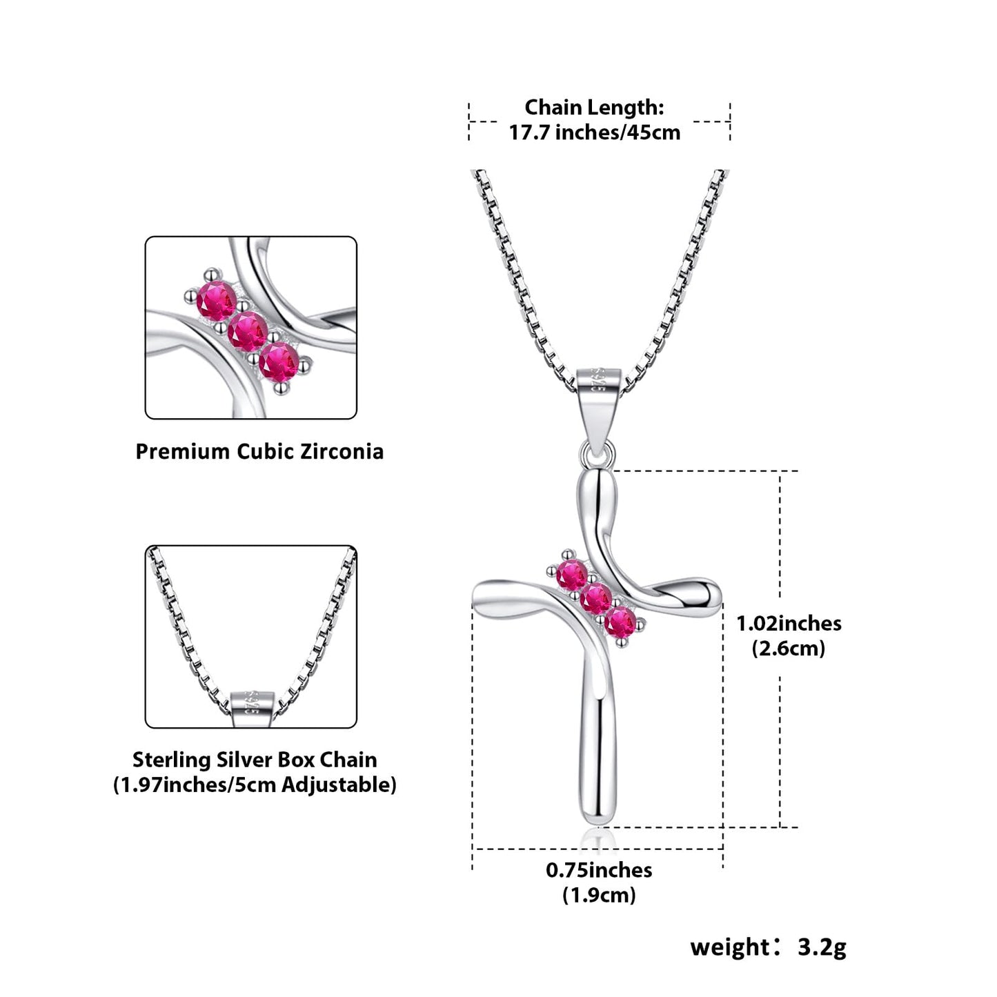 EVERU S925 Sterling Silver Cross Necklace for Women Birthstone Necklace with Cubic Zirconia 18K Gold Plated Cross Pendant Jewelry Ideal Gift Dark Red Ruby July