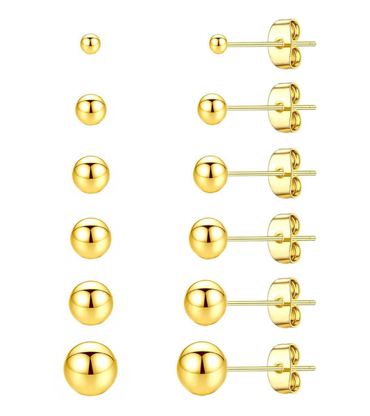 6 Pairs Stainless Steel Ball Stud Earrings Set for Women Men, Hypoallergenic Tiny Round Stud Earrings Multipack, 20G Small Gold Ball Earrings for Multiple Piercings Cartilage Earlobe, 2/3/4/5/6/8mm