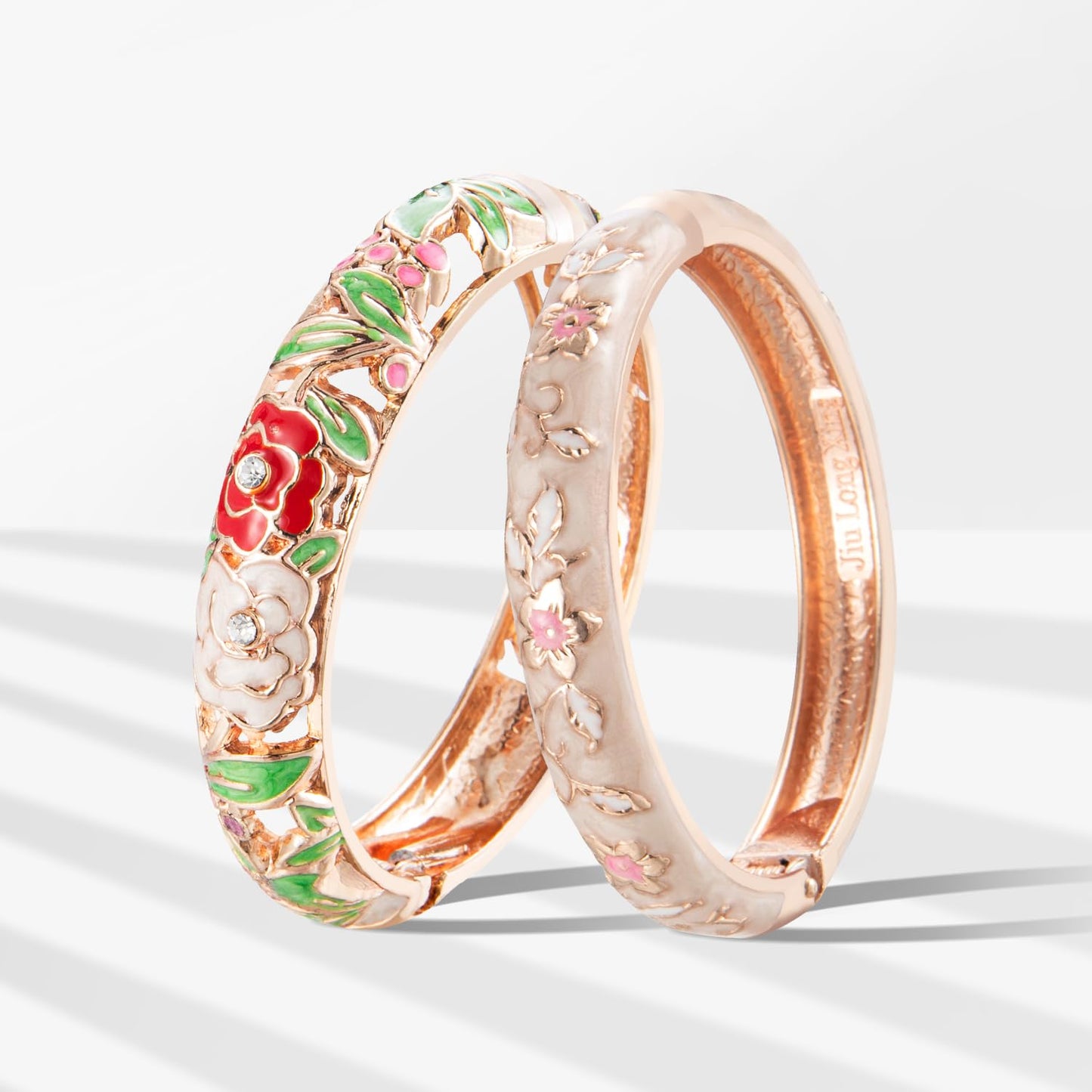 UJOY Vintage Cloisonne Jewelry Bracelet Rose Flower Handmade Rhinestones Enamel Spring Cuff Bangles 2 Pcs Set for Womens Gift 88A10-55A82 Cream White