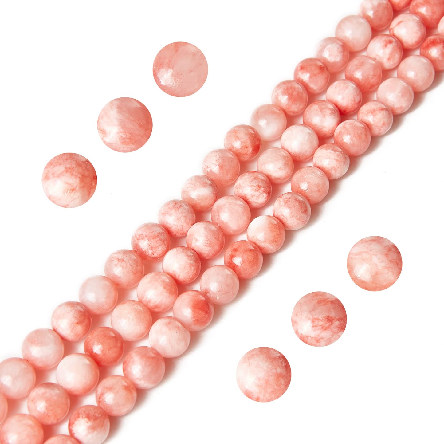 35pcs 10mm Pink White Jade Beads Natural Gemstone Beads Round Loose Beads for Jewelry Making