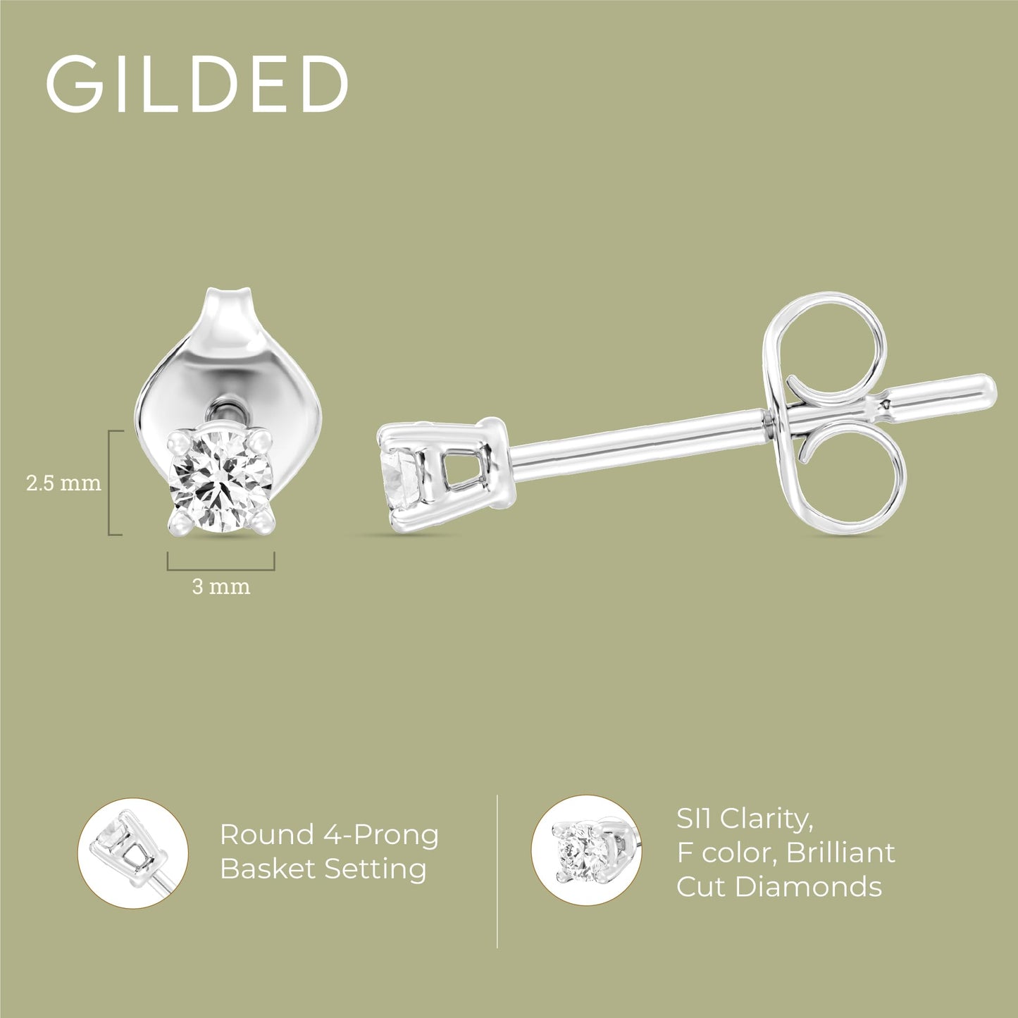 Gilded 1/10 ct. T.W. Round Lab Diamond Stud Earrings for Women | 925 Sterling Silver Studs | Hypoallergenic Fine Jewelry | 4-Prong Basket, Push Back Nut | SI1 Clarity, F Color, Round Cut