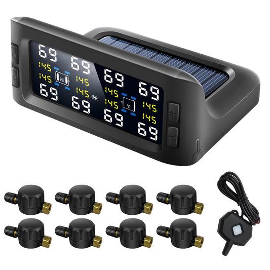 B-Qtech Tire Pressure Monitoring System Solar TPMS w/8 Flow Thru Sensors & Signal Repeater - Long Range Transmission for RV/Truck/Trailer/Camper, 7 Alert Modes Real Time Monitoring (0-199 PSI)