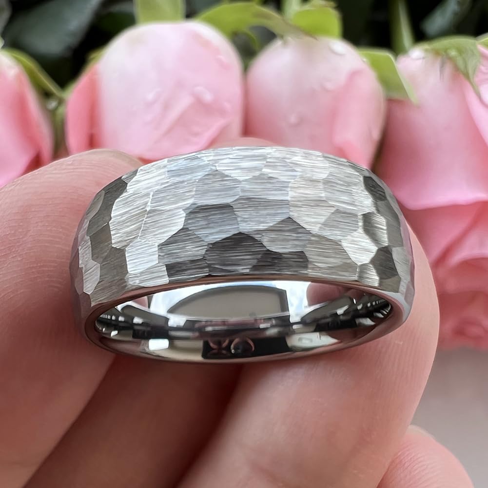 TUTISS 8mm Hammered Tungsten Rings for Men Women Fashion Engagement Wedding Bands Domed Matte Finish Comfort Fit Size 9