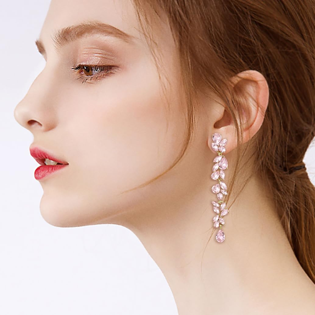 EVER FAITH Wedding Rhinestone Crystal Chandelier Dangle Earrings for Women Brides, Art Deco Marquise Teardrop Bridal Long Drop Earring for Prom Pink