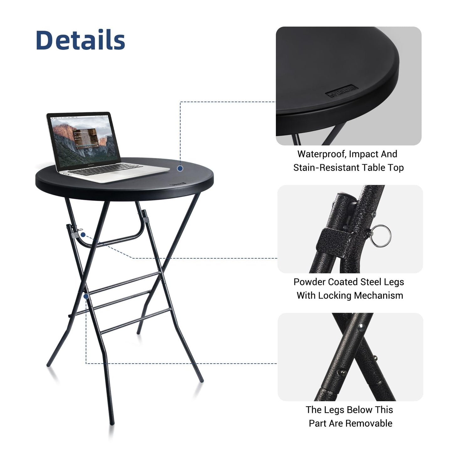 Byliable Cocktail Table 28in Folding Round High Top Indoor Outdoor with Removable Legs, Tall Bistro Foldable Bar Height Table for Parties, Patio, Backyard, Dining Room, Events, Black- 2PCS