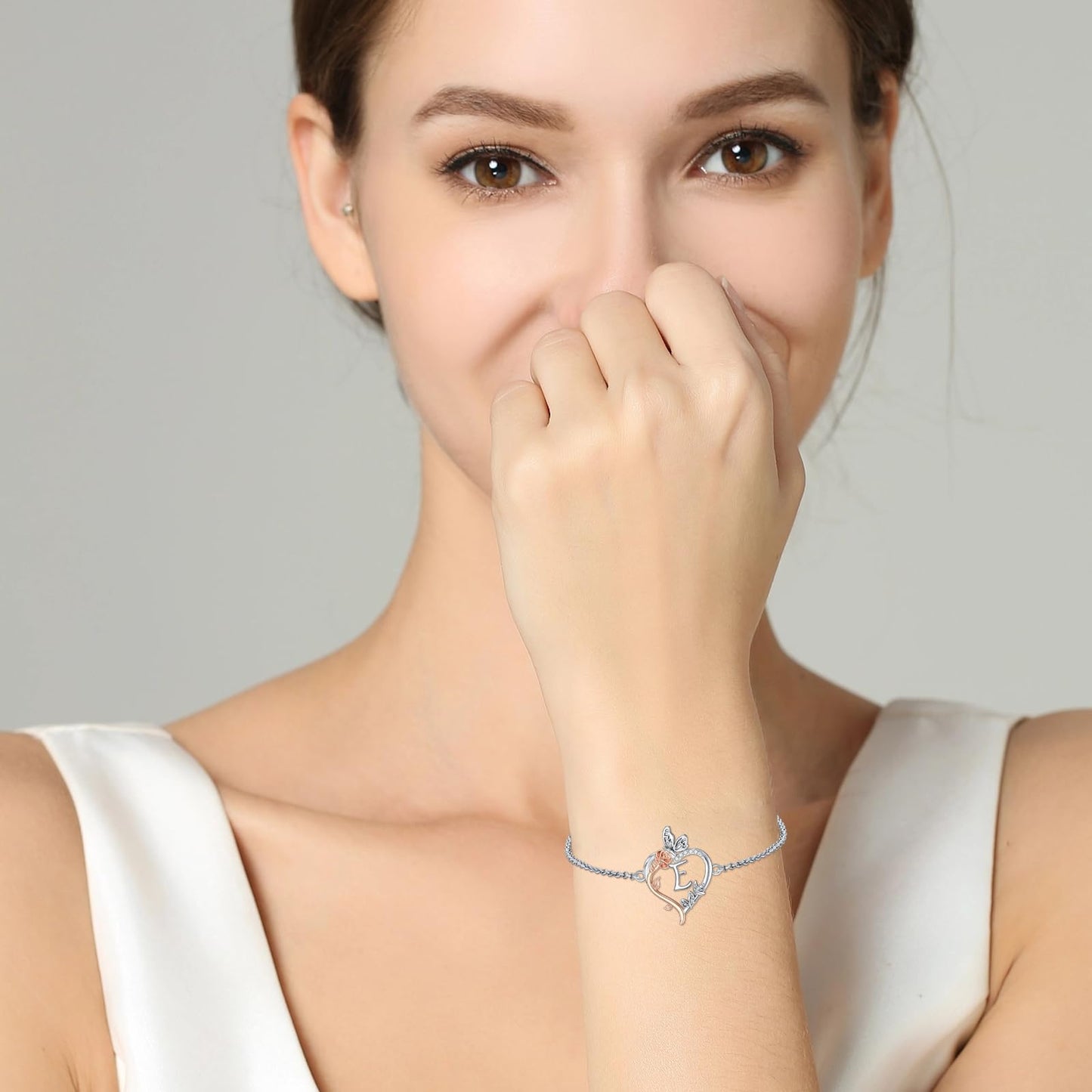 TOUPOP Rose Heart Bracelet for Women Sterling Silver Heart Initial E Letter Bracelet Butterfly Love Jewelry Anniversary Birthday Mothers Day Gifts for Mom Wife Her Girlfriend